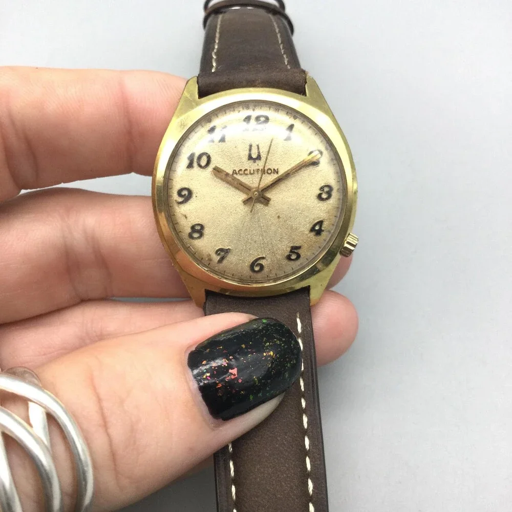 Vintage Bulova Accutron Tuning Fork Mens Watch 34mm 10K RGP Brown Leather Band